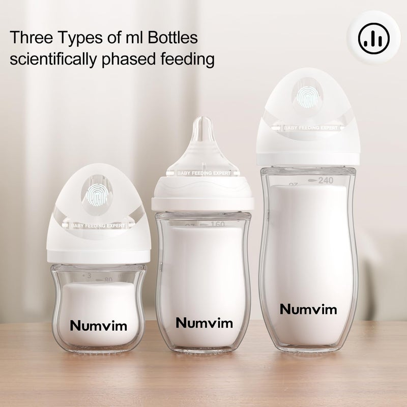 NUVIMI Natural Glass Baby Bottles with Gentle & Slow Flow Nipples, Newborn Breastfeeding Bottle, Anti-Colic, Includes M Nipples(3 Month+),3 Packs (White 8 Oz) - Image 2